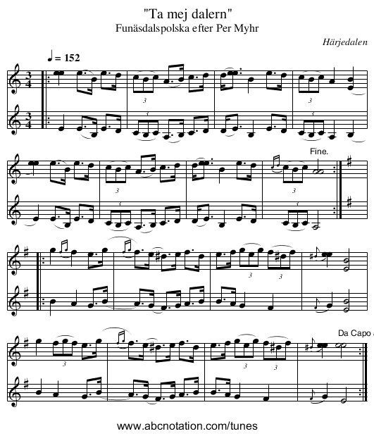 Ta mej dalern - staff notation