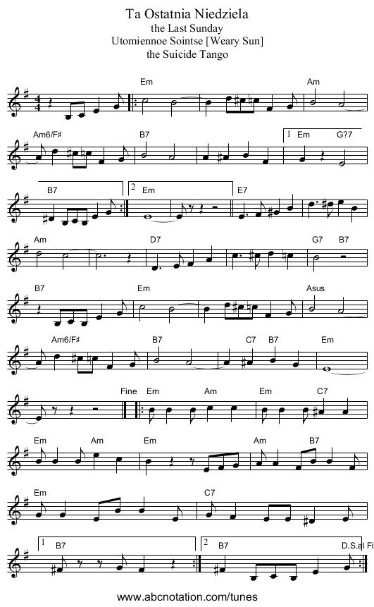 Ta Ostatnia Niedziela - staff notation