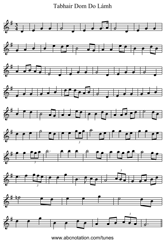 Tabhair Dom Do Lámh - staff notation