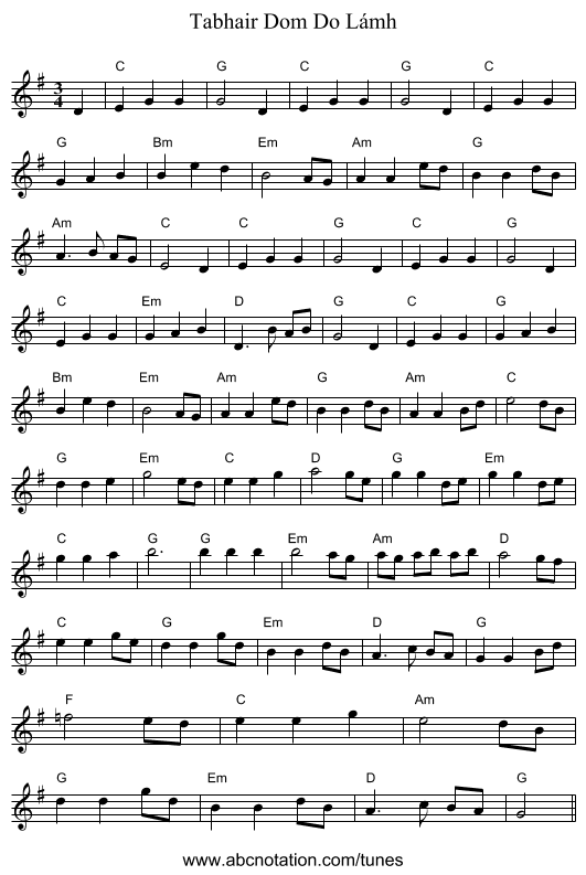 Tabhair Dom Do Lámh - staff notation