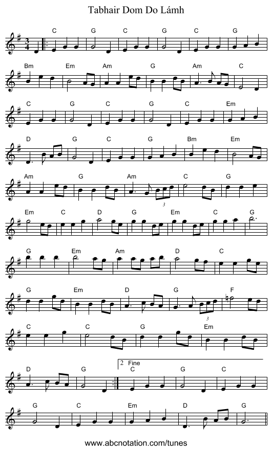 Tabhair Dom Do Lámh - staff notation