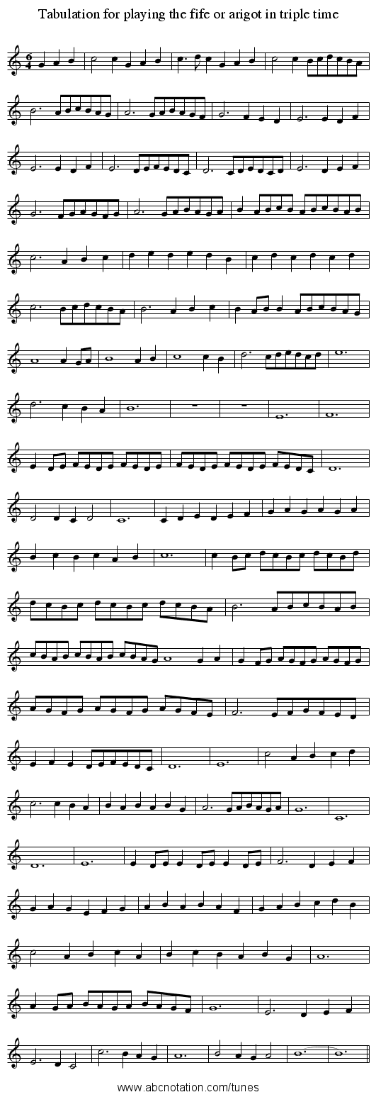 Tabulation for playing the fife or arigot in triple time - staff notation