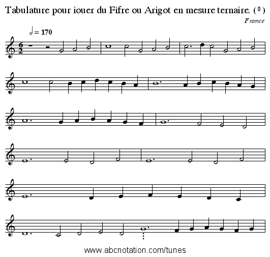 Tabulature pour iouer du Fifre ou Arigot en mesure ternaire. (*) - staff notation
