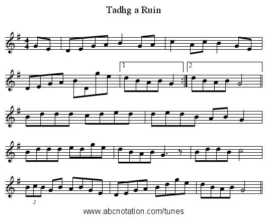 Tadhg a Ruin - staff notation