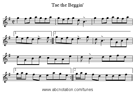Tae the Beggin' - staff notation