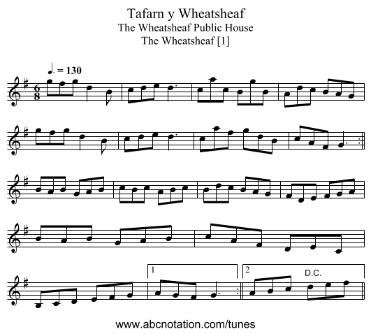 Tafarn y Wheatsheaf - staff notation