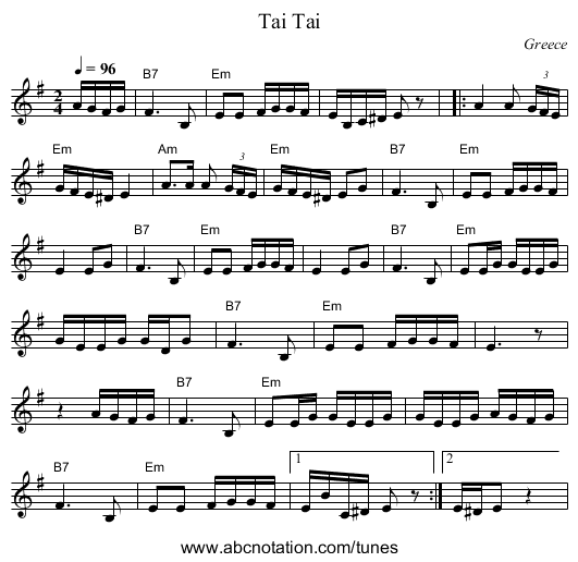 Tai Tai - staff notation