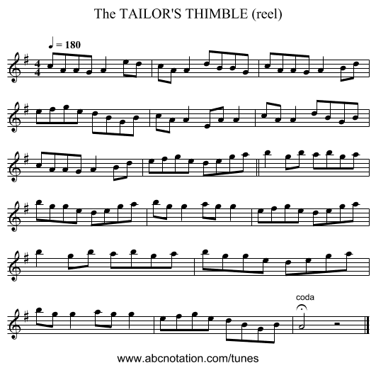 TAILOR'S THIMBLE (reel), The - staff notation