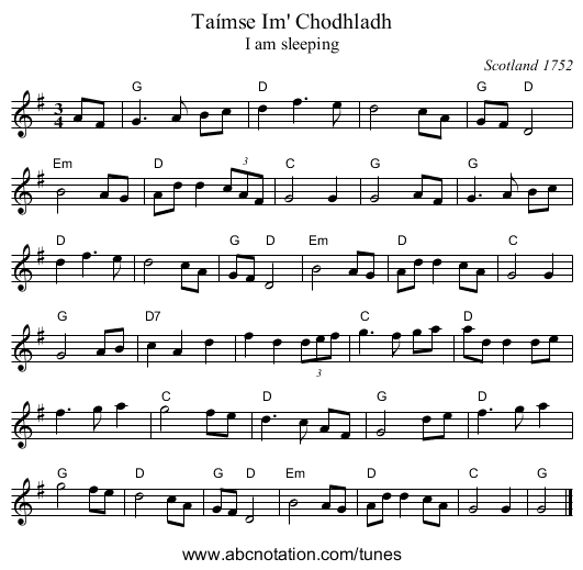 Ta&iacute;mse Im' Chodhladh - staff notation