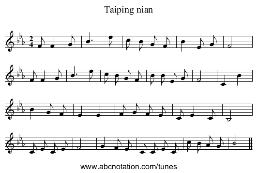 Taiping nian - staff notation