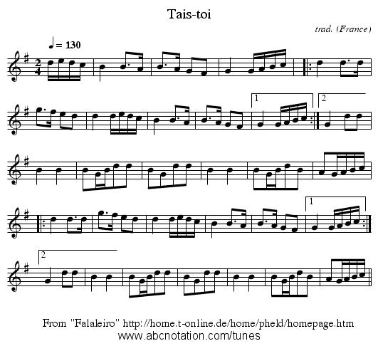 Tais-toi - staff notation