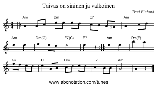 Taivas on sininen ja valkoinen - staff notation