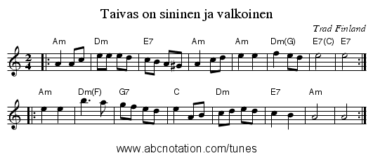 Taivas on sininen ja valkoinen - staff notation
