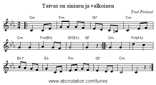 Taivas on sininen ja valkoinen - staff notation