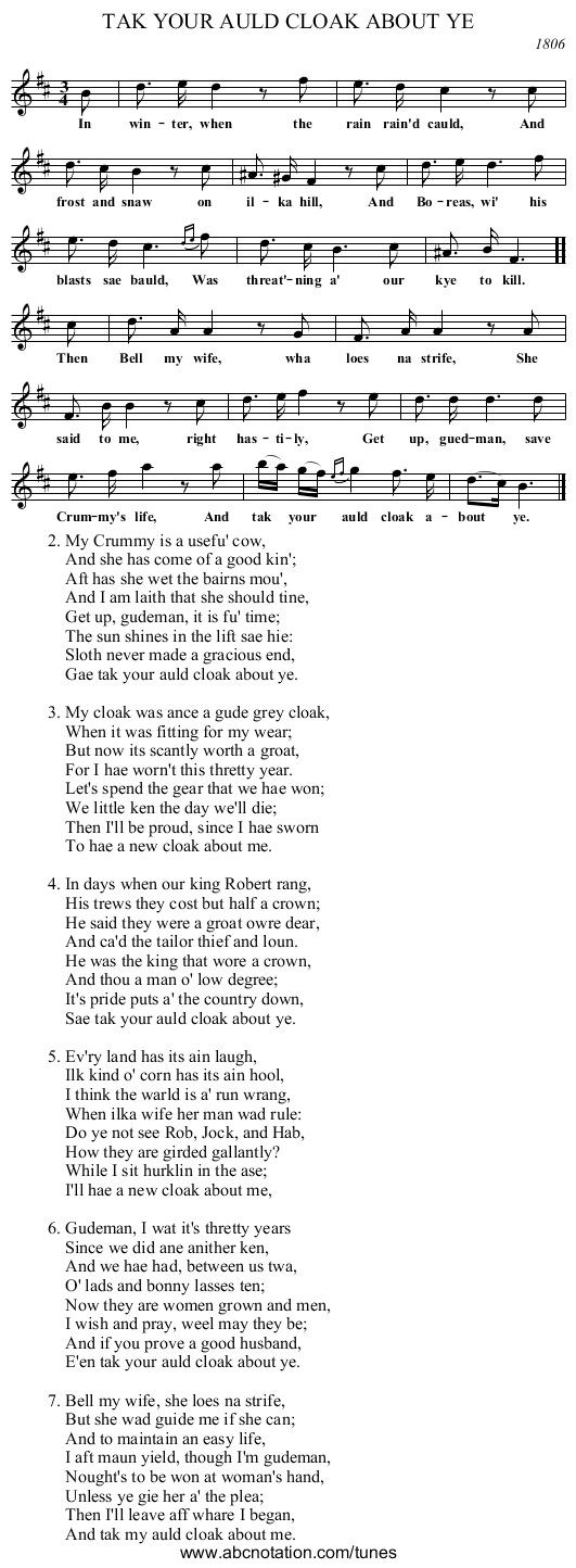 TAK YOUR AULD CLOAK ABOUT YE - staff notation