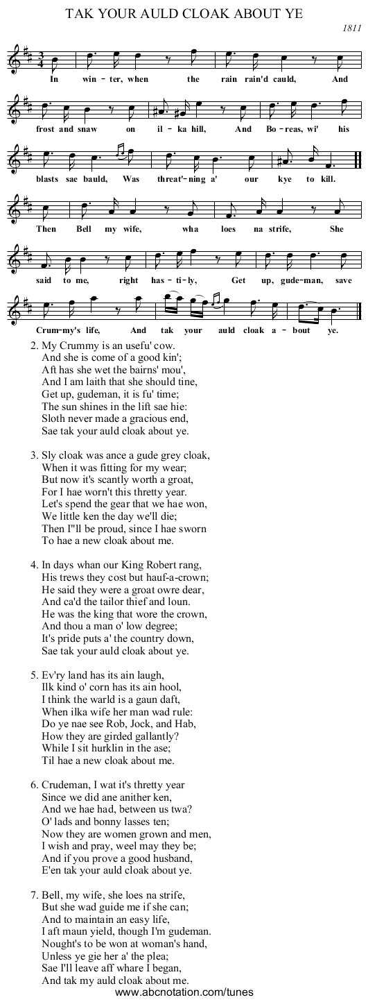 TAK YOUR AULD CLOAK ABOUT YE - staff notation