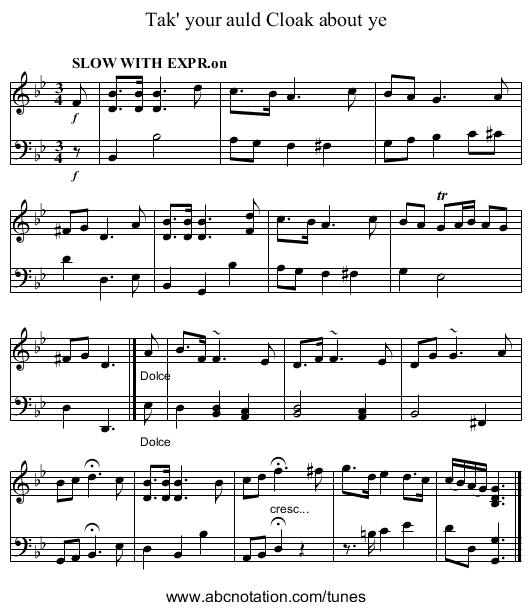 Tak' your auld Cloak about ye - staff notation