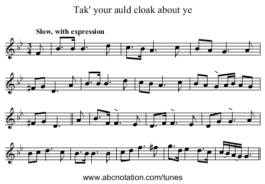 Tak' your auld cloak about ye - staff notation