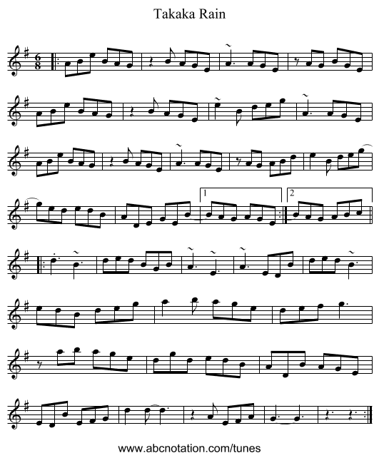 Takaka Rain - staff notation