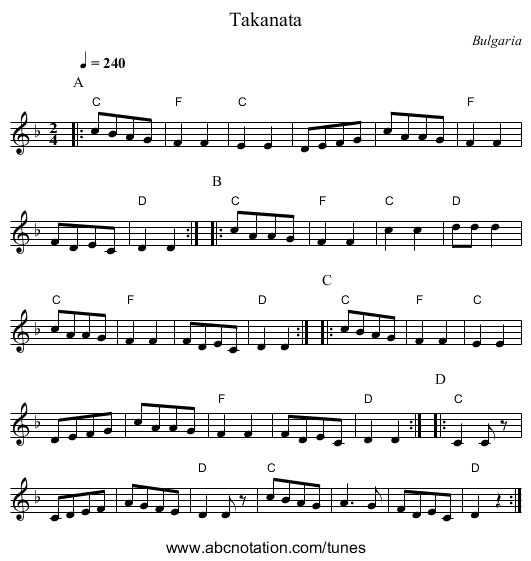 Takanata - staff notation