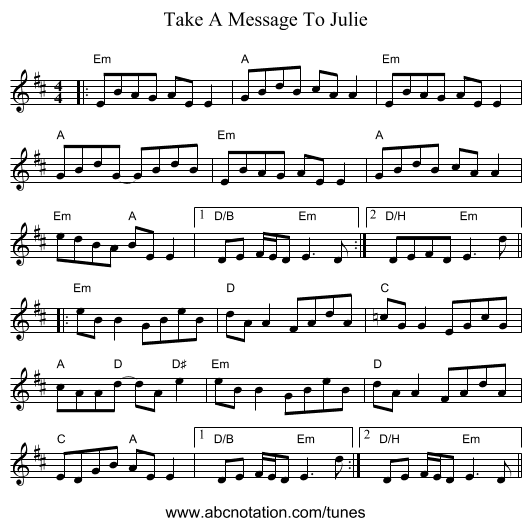 Take A Message To Julie - staff notation