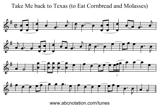 Take Me back to Texas (to Eat Cornbread and Molasses) - staff notation