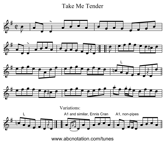 Take Me Tender - staff notation