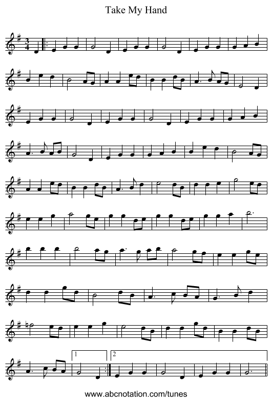 Take My Hand - staff notation