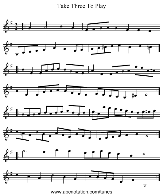 Take Three To Play - staff notation
