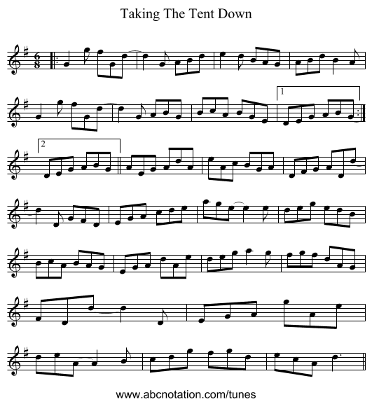 Taking The Tent Down - staff notation