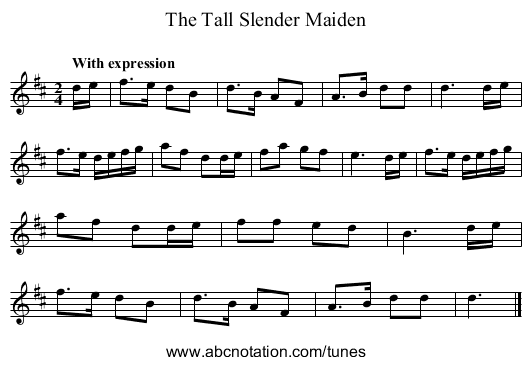 Tall Slender Maiden, The - staff notation