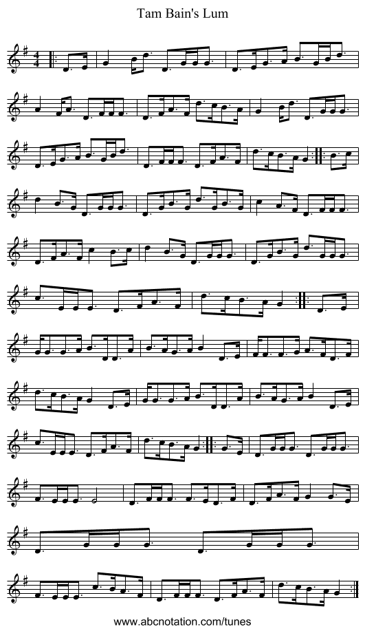 Tam Bain's Lum - staff notation