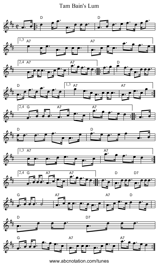 Tam Bain's Lum - staff notation