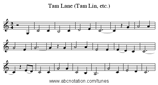 Tam Lane (Tam Lin, etc.) - staff notation
