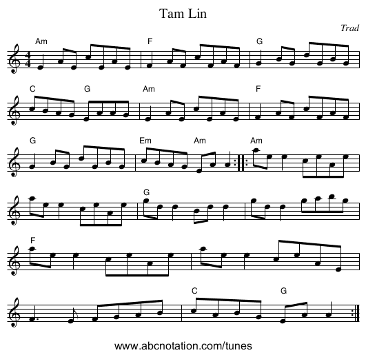 Tam Lin - staff notation