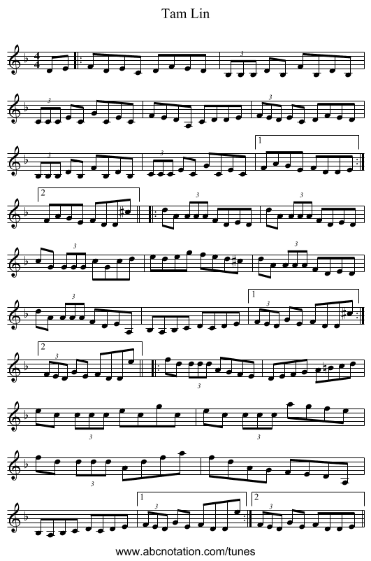Tam Lin - staff notation