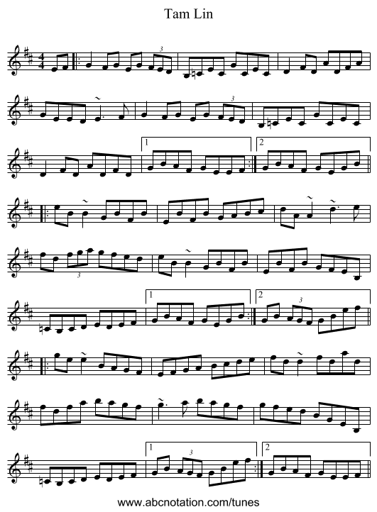 Tam Lin - staff notation