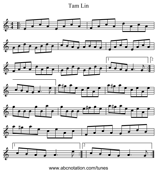 Tam Lin - staff notation
