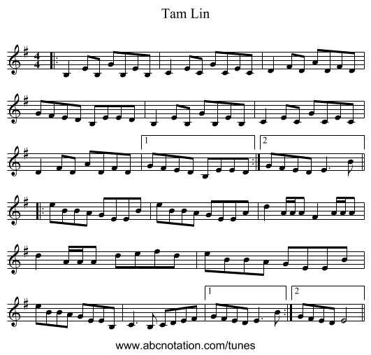 Tam Lin - staff notation