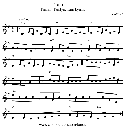 Tam Lin - staff notation