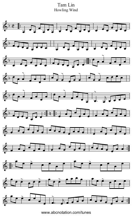 Tam Lin - staff notation