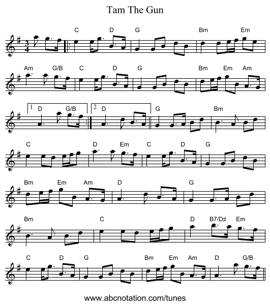 Tam The Gun - staff notation