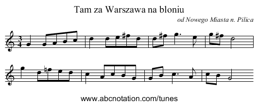 Tam za Warszawa na bloniu - staff notation