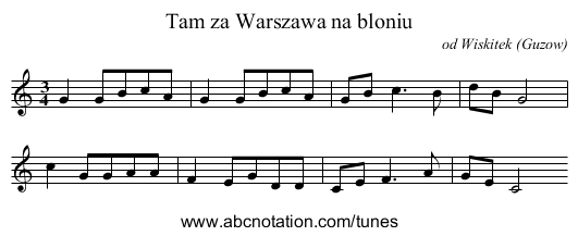 Tam za Warszawa na bloniu - staff notation