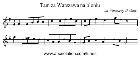 Tam za Warszawa na bloniu - staff notation