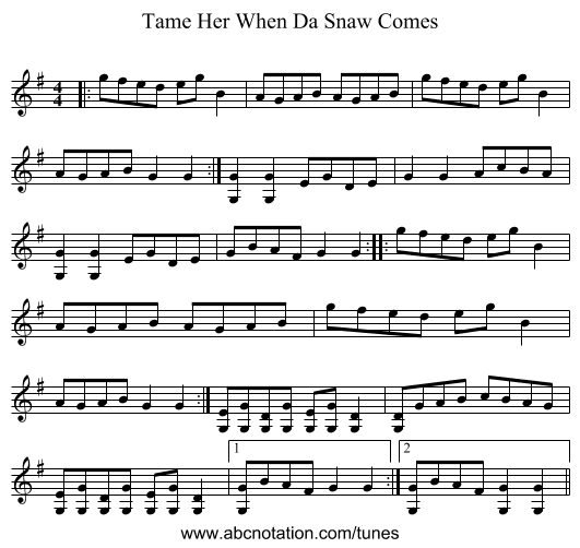 Tame Her When Da Snaw Comes - staff notation