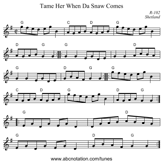 Tame Her When Da Snaw Comes - staff notation