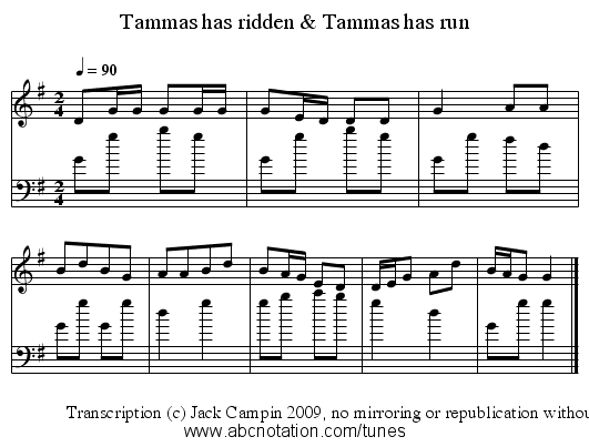 Tammas has ridden & Tammas has run - staff notation