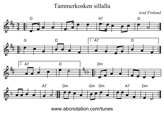 Tammerkosken sillalla - staff notation