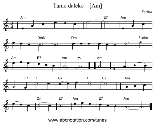 Tamo daleko    [Am] - staff notation